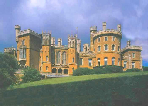 Belvoir Castle, Leicestershire, founded in 1088. The building seen here is a modern Gothic structure, built by Wyatt in 1808, for all that had remained of the original Norman structure was destroyed by fire in the late 18th Century.